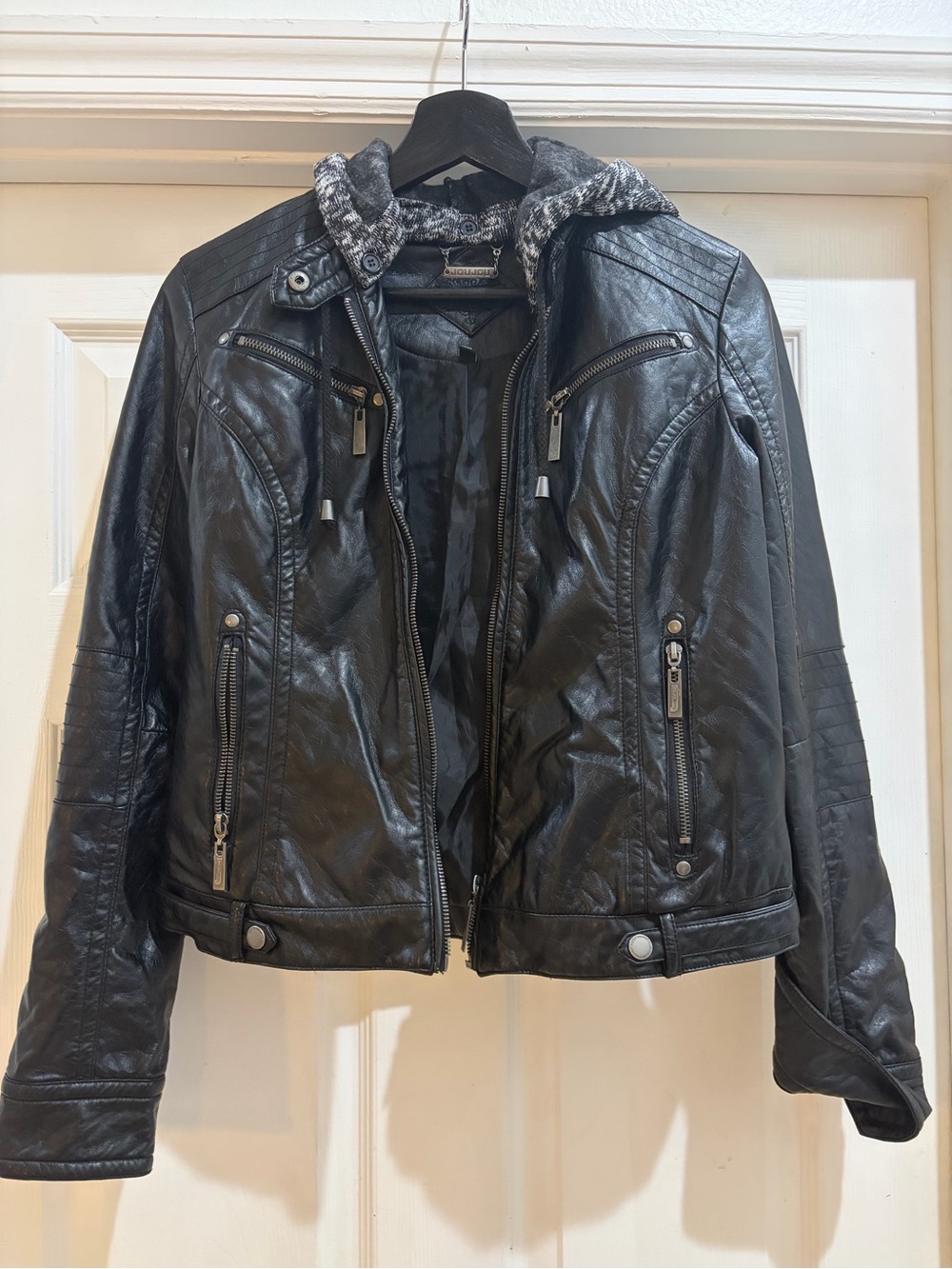 Black Faux Leather Hooded Moto Jacket - Women Size M